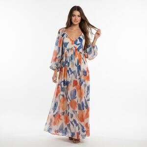 Sheer Watercolor Long Balloon Sleeve Maxi Dress Small Cover Up Resort Summer